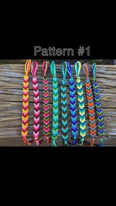 five different colored braided ties hanging on a wooden fence with the text pattern 1