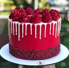 a red cake with white icing and roses on top is being held by someone