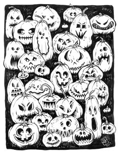 a black and white drawing of halloween pumpkins