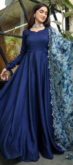 Blue color Gown in Rayon fabric with Thread work Indian Long Dress Gowns Party Wear Satin, Jorjat Fabric Long Gown, Blue Frocks For Women, Satin Anarkali Suits, Satin Anarkali Dress, Blue Anarkali Suits, Long Gown Dress Party Wear, Blue Anarkali Dress, Satin Anarkali