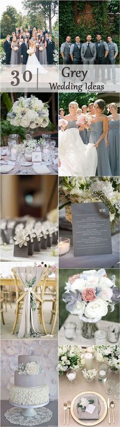 the wedding party is shown in this collage with flowers and ribbons on it's table