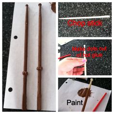 three pictures showing how to make chocolate sticks with paint and crayon pencils