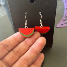 Mini Wooden Watermelon Earrings Super Cute Ooak Never Worn! Trendy Red Jewelry With Fruit Design, Trendy Red Fruit Design Jewelry, Handmade Red Earrings For Summer, Red Fruit Design Dangle Jewelry, Red Fruit Design Drop Earrings, Fun Red Adjustable Earrings, Cute Red Earrings With Fruit Design, Red Dangle Jewelry With Fruit Design, Fun Red Summer Jewelry