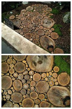 two pictures of different types of wood that have been cut into circles and placed on the ground