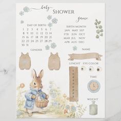 a baby shower calendar with an image of a bunny holding a basket and other items