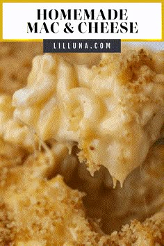 a spoon full of macaroni and cheese with the words homemade mac & cheese above it