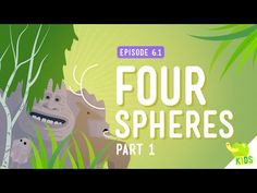 an animated scene with the words four spheres in front of two cartoon animals and trees