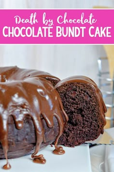 a chocolate bundt cake on a white plate