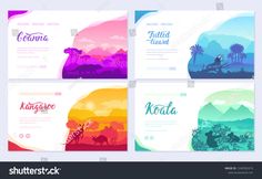 four colorful brochures with tropical scenes in the style of minimalism and modern design