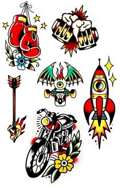 several different tattoo designs are shown in this image, including a motorcycle and other items