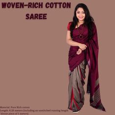 Hand Made Woven  Rich Cotton Saree  Colour: Maroon & Beige  Make the heads flip the moment you costume up with this desirable maroon and Beige Rich Cotton Handloom Saree. It has got a beautiful border with Silver Thread work. The saree is crafted by the Weavers of Srilankan rural women Material: Pure Rich cotton Length: 6.25 meters (including an unstitched running length blouse piece of 1 meter) The blouse piece color is Maroon . The blouse in this picture is for photo purposes only. Care Instructions: Home wash or hand wash Traditional Cotton Pre-draped Saree With Self Design, Cotton Pre-draped Saree With Self Design, Festive Red Cotton Pre-draped Saree, Cotton Pre-draped Saree With Self Design For Navratri, Purple Cotton Handloom Saree, Purple Cotton Handloom Traditional Wear, Purple Handloom Cotton Traditional Wear, Purple Cotton Saree With Pallu, Purple Cotton Saree With Pallu Detail