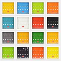 nine squares with different colors and white dots on them, all arranged in the same pattern