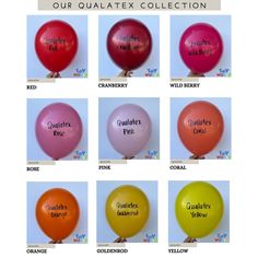 six balloons with the names of their qualatex collection written on them in different colors