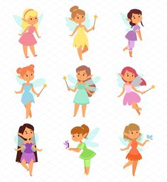 cartoon fairy girls with different costumes and haircuts royalty - art illustration on white background