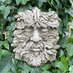 a face made out of clay surrounded by leaves