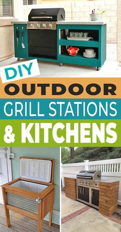 outdoor grill stations and kitchens are featured in this collage with the words diy outdoor grill stations and kitchens