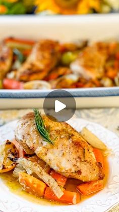 chicken and vegetables on a white plate in front of a casserole dish