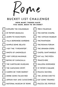 the rome bucket list is shown in black and white