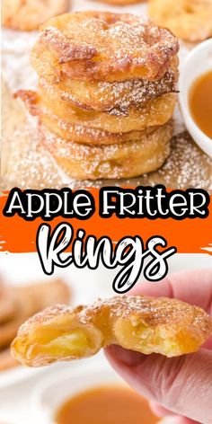 apple fritter rings on a plate with dipping sauce