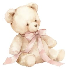 a watercolor painting of a teddy bear with a pink ribbon on it's neck