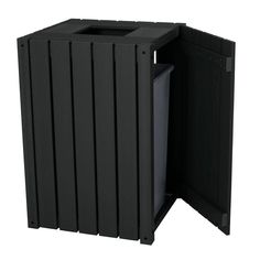 a black trash can with its door open