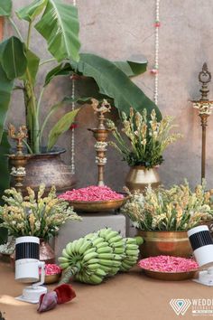 there are many potted plants and other things on the table with flowers in them