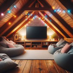 an attic with bean bag chairs and a flat screen tv