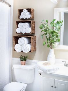 a white toilet sitting next to a bathroom sink under a green leafy plant in a vase