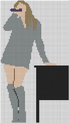 a cross stitch pattern of a woman leaning on a desk with her legs crossed,