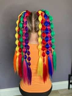 These ponytails are a quick and simple way to add colour to your hair, they are perfect for festivals. They come as a pir so can be used as pigtails or use both in a full ponytail.  They come in ombre mixed colours, natural hair colours, full colours. I can do them striped and mixed. Please mesage me if you have any special requests or styles. Its difficult for me to list all the colours I have on here. On my other listings they have all the colours on. I can mix these. The ones in the pictures Pigtails Aesthetic, Hair Braided Ponytail, Festival Hair Braids, Full Ponytail, Rave Braids, Festival Braids, Kids Hair Styles, Bubble Braids, Bow Hairstyle