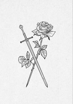 a drawing of two crossed swords and a rose with leaves on the side, in black ink