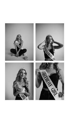 four different photos of a woman in black and white with the same name on her sash