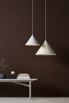 two lamps hanging over a table with books and plants on it in front of a brown wall