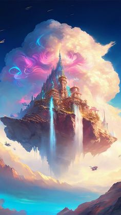 a castle in the sky with waterfalls coming out of it