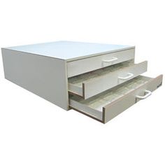 two drawers are open on each side and one drawer is closed to show the contents