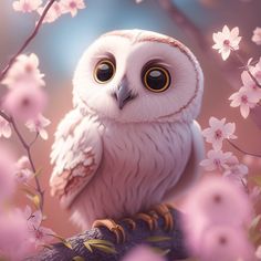 an owl is sitting on a branch with pink flowers