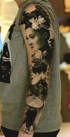 a man with a tattoo on his arm that has an image of a woman in the background