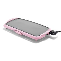 a pink and gray electric griddle on a white background