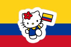 a hello kitty sticker sitting on the side of a colombia flag with a red bow