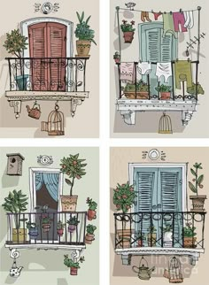 four different balconys with potted plants