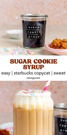 a cup of sugar cookie syrup with sprinkles next to it