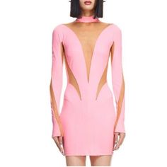 Pink Mini Dress With Illusion Panels. Completely Sold Out Online. Brand New With Tags, Only Tried On Once. Phots Are Of Actual Item And Actual Dress In The H&M X Mugler Collaboration Campaign. Great Fit And Quality Fitted Mini Dress With Sheer Sleeves, Fitted Sheer Midi Dress For Club, Fitted Mesh Midi Dress For Club, Fitted Midi Length Mesh Dress For Clubs, Fitted Mini Bodycon Dress With Mesh Sleeves, Sheer Fitted Mesh Mini Dress, Fitted Mini Dress With Mesh Sleeves For Spring, Spring Mini Dress With Fitted Mesh Sleeves, Fitted Mini Dress With Mesh Sleeves