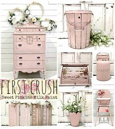 an old dresser is painted pink and has flowers on it