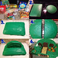 steps to make a cake shaped like a farm scene with green frosting on it