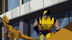 an animated image of wolverine and the t - rexe in front of a building