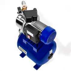 a blue air compressor is on a white background with a black object in the foreground