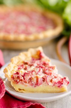 a slice of rhubarb custard pie on a plate