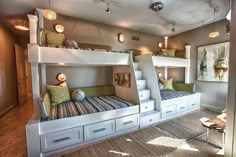 a bunk bed with two sets of drawers underneath it in a room filled with furniture