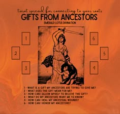 an orange poster with the words gifts from ancestors