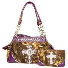 "Premium Rhinestone Western Camouflage Cross Womens Shoulder Handbag Purse/Matching Wallet in 7 Colors Handbag Size:13''*8''*4''. Handbag with compartments inside, zippers on top inside.cellphone pocket, wallet pocket. Large pocket with zippers inside, on top and outside, extra large pocket on back for everything easy to get. Matching Wallet: 7\" x 4\" x 1.5\". 10 credit cards slots. 2 I.D slots. 3 Cash/Check pocket one with zipper. extra checkbook. Detailed beautiful large rhinestone cross on the front in camouflage style. Same business day shipping and handling." Western Handbag, Cross Purses, Cross Body Bag Pattern, Rhinestone Purse, Camo Purse, Purple Camouflage, Rhinestone Handbags, Bags Pattern, Western Handbags